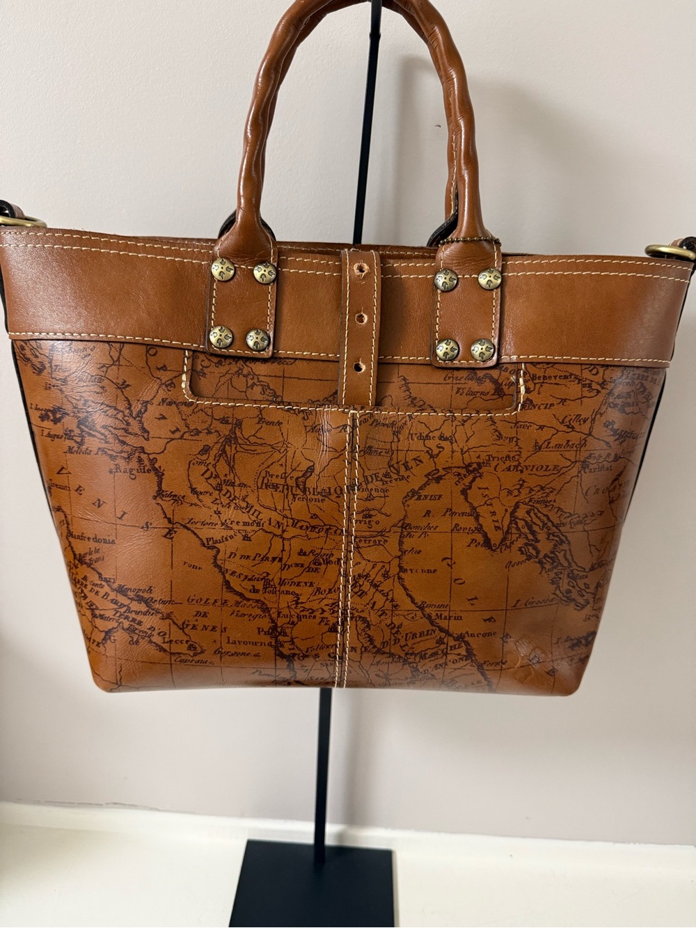 Patricia Nash Vintage Map-Print Leather Tote in Cognac Brown! NWOT!